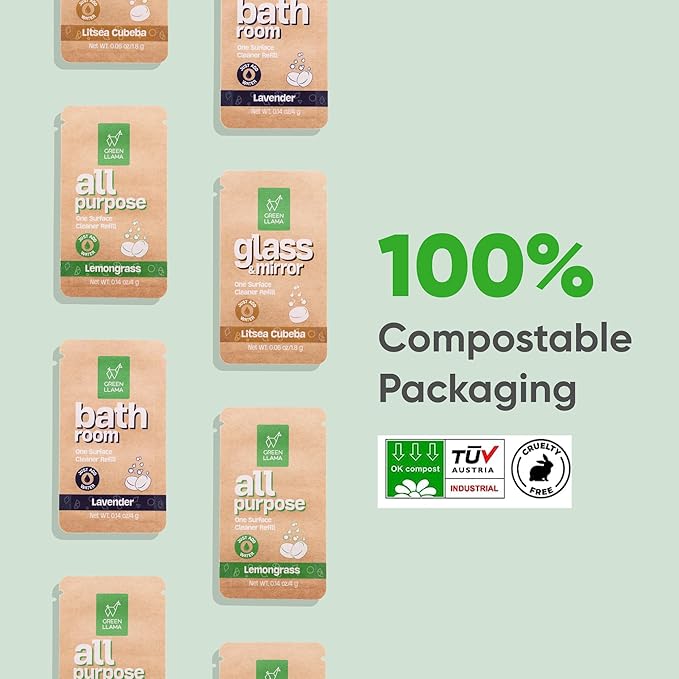 Green Llama Eco-Friendly Cleaning Refill Tablets Variety Pack - Multi-Surface, Glass & Bathroom Cleaners with Natural Essential Oils in Compostable Packaging, Biodegradable, Family & Pet Safe