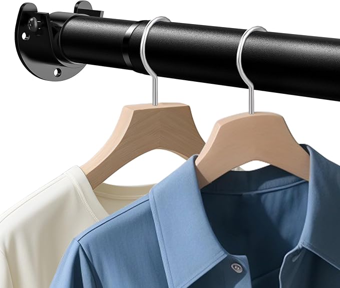 Closet Rod 17-54 IN, Heavy Duty Closet Rods for Hanging Clothes, Adjustable Closet Rods for Wardrobes Storage Laundry RV Bathroom, Easy Install, Black