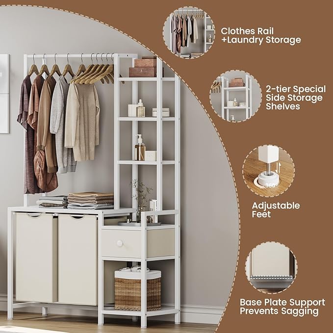Creso hom Laundry Hamper with Shelf, 5 Tiers Tall Laundry Basket Sorter with 2 Pull-Out and Removable Bags, Clothes Rack with Laundry Sorter for Laundry Room Bathroom Bedroom, White