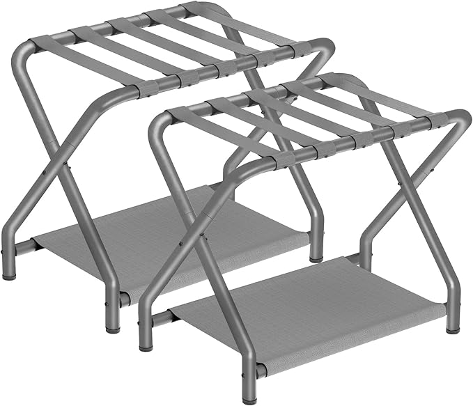 HOOBRO Luggage Rack, Pack of 2, Folding Suitcase Stand with Fabric Storage Shelf for Guest Room, Bedroom, Hotel, Holds up to 100 lb, 27 x 15.3 x 22 Inches, Space Saving, Gray GY04XLP201