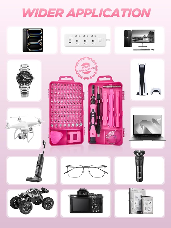 Pink Cordless Drill Set 142 Pcs, 21V Pink Power Drill Tool Set Kit with Storage Bag, Electric Drill Set for Women, Precision Screwdriver set, Magnetic Wristband, for Home DIY Projects