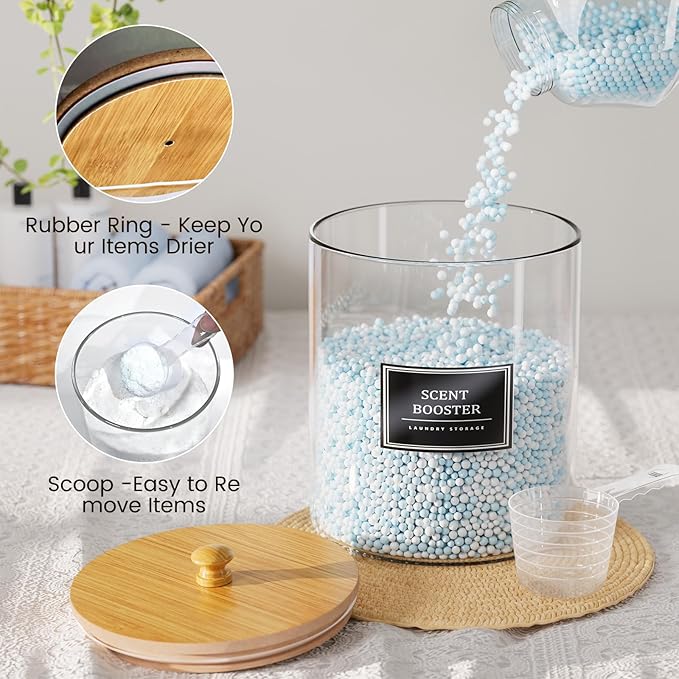 HomePekite 4 Pack Glass Laundry Pods Container, Clear Laundry Room Organization Containers with Lids & Labels, Powder Laundry Detergent Container for Scent Booster, Powder