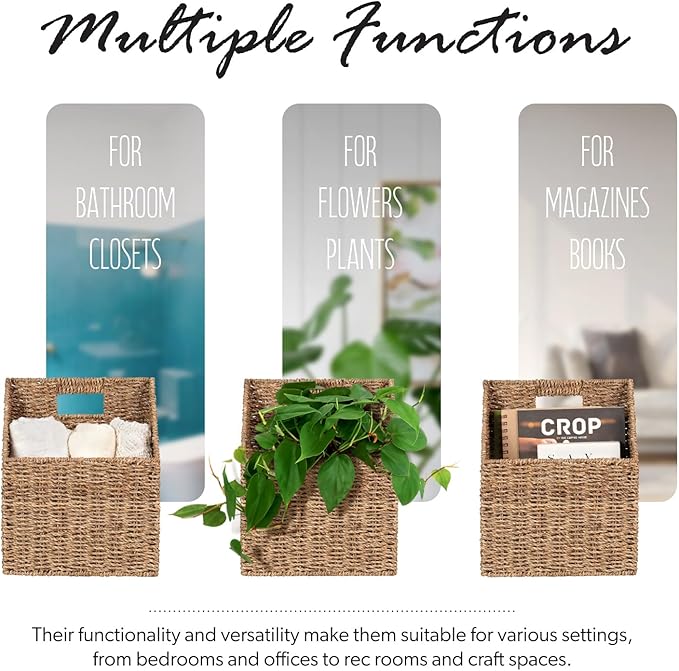 Wicker Hanging Storage Baskets (10.5"Lx6.5"Wx13"H), Set of 2 Wall Basket, Seagrass Basket, Wall Decor Baskets, Seagrass Woven Hanging for Organizing Files, Mails, Books, Accessories