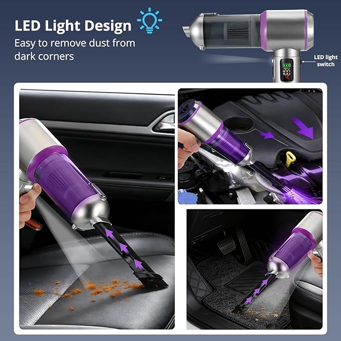 Cordless Handheld Vacuum with 17000Pa Powerful Suction, LED Light & 4-in-1 Nozzles, Portable Car Vacuum Cleaner for Pet Hair, Home, Office Desk, 3 Speeds & Type-C Charging