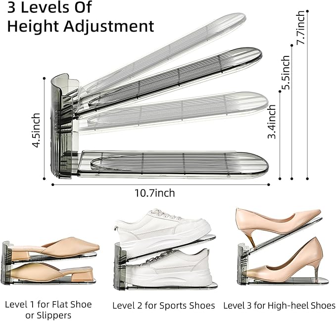 Shoe Slots Organizer, Clear Shoe Stacker, Adjustable Level Shoe Rack,Storage Space Saver for Sneakers Display (Grey Transparent, 8Pack)
