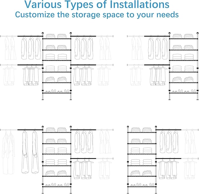 Timate S3X Expandable Wall Mounted Clothes Rack with 6 Adjustable Shelves & 4 Expandable Hanger Rods, Heavy Duty Industrial Pipe Clothing Rack for Hanging Clothes, Fits Spaces 5'11"- 8'10", White