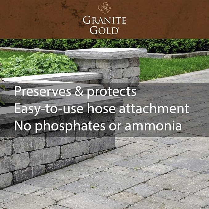 Granite Gold Outdoor Stone & Concrete Cleaner, Deep Cleans Patios, Decks, Driveways, & Walkways, Safe for Plants, Pets, & Home Exteriors, Garden Hose Attachment Included for Easy Cleaning, 64 Fl Oz