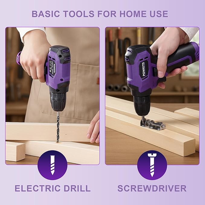 Tool Kit: 139 PCS Cordless Drill Set with Li-Ion Battery, 8V Power Drill with Type-C Charging, Portable Basic Home Tool Set for DIY Projects (Purple-A)