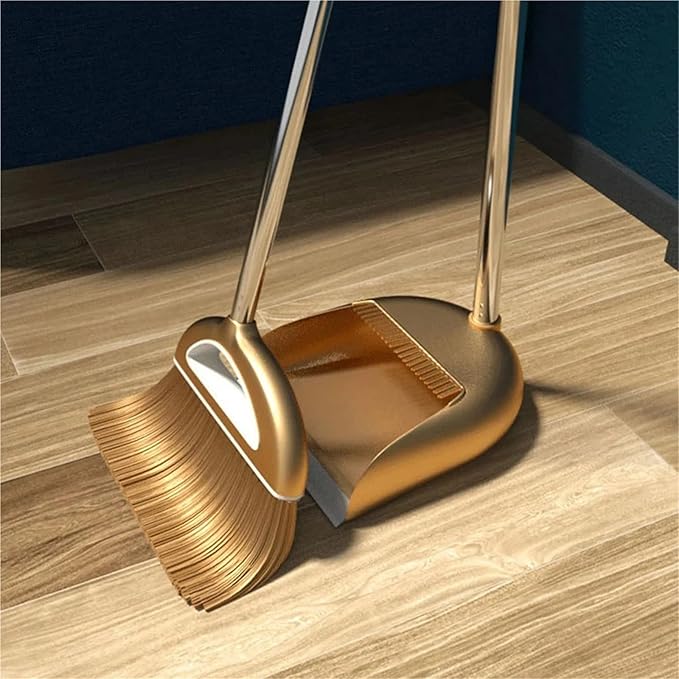 Gold Broom Dustpan Set Folding Dustpan Long Handle Rubber Wiper Space-Saving Floor Cleaner Kit Household Cleaning Accessory for Cleaning(Gold-2pcs)