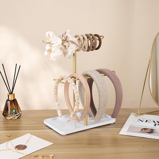 Headband Holder Organizer, 2-Tier T-bar Storage Stand with Tray for Hair Accessories Hairband Hair Clip, for Girls Women, Gold & White
