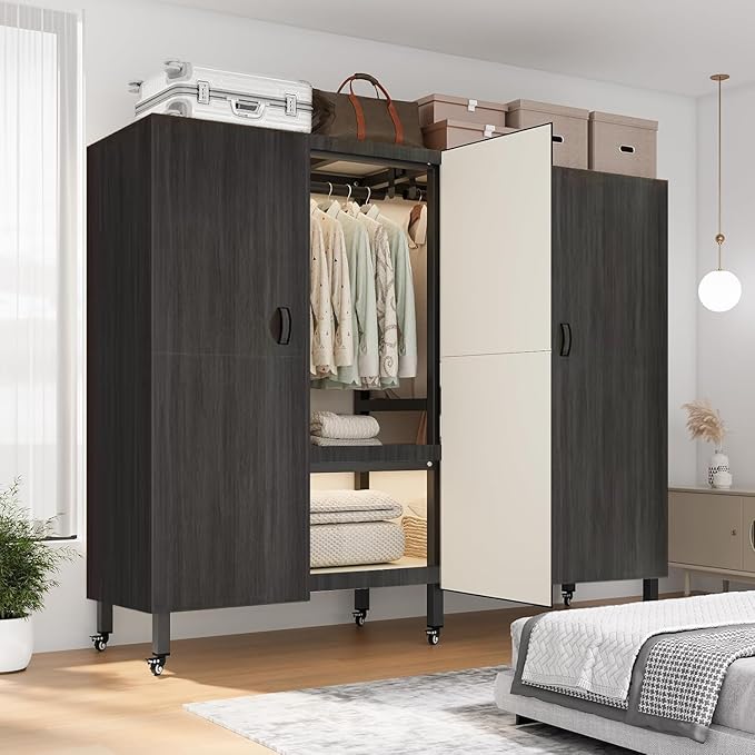 Heavy Duty Covered Clothes Rack with Magnetic Door Foldable Portable Wardrobe Closet for Hanging Clothing Rolling Black Metal Garment Rack on Wheels Closet System (Black, 74.7in)