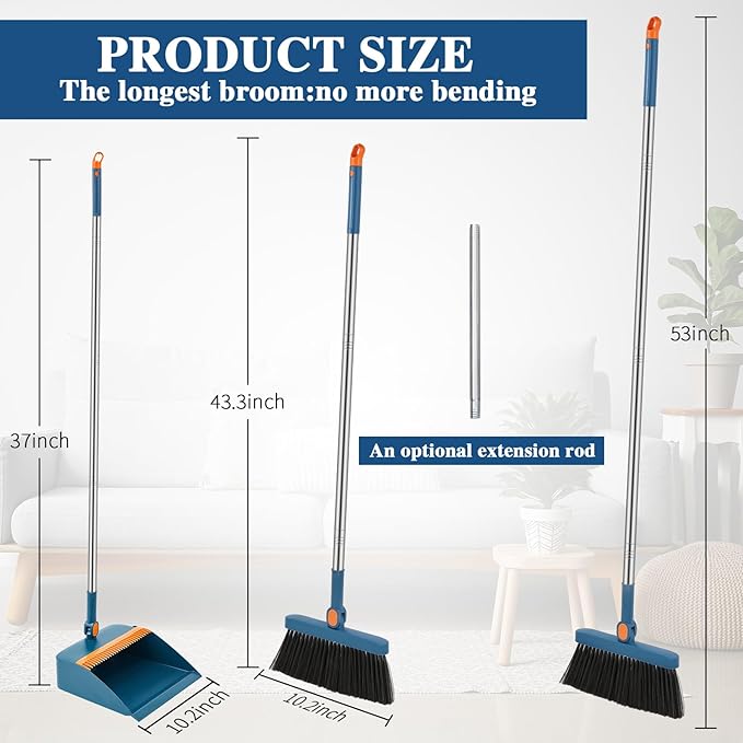 Suclain 4 Set 8 Pcs Broom and Dustpan Set 47 Inch Long Handle Brooms for Sweeping Indoor Household Dustpans for Indoor Outdoor Kitchen Floor(Blue)