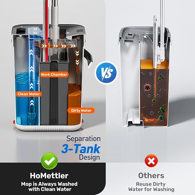 Mop and Bucket Set, 3-Tank Flat Mop and Bucket System for Separate Dirty & Clean Water, 65" Mops for Floor Cleaning with 8 Washable Pads, Safe for Hardwood, Vinyl, Tile, Baseboards, Walls