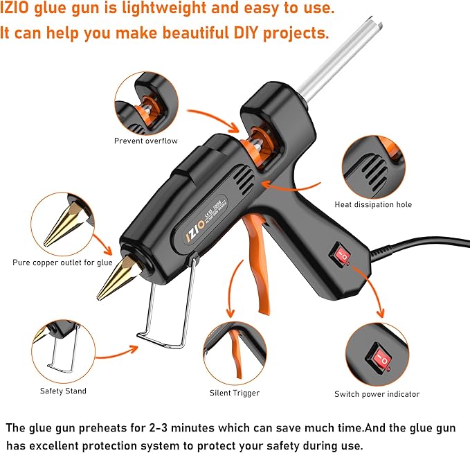 IZIO Hot Glue Gun with 21 Glue Sticks7/16") &Storage Pouch - 100W Fast Heating (2-3 Min), Heavy Duty DIY Starter Kit for Crafts, Fabric, Wood, Home Repairs,Non-Drip Precision Nozzle, ergonomic|Black
