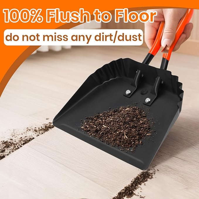 (2PK) Metal Dust Pans Heavy Duty, 12” Outdoor Dustpan with Rubber Handheld Handle, Large Shovel Wide Scooopers for Garage Shop Fireplace Commercial Uses