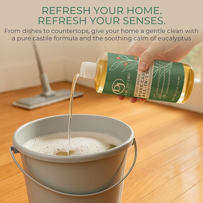 Dr. Jacobs Naturals Eucalyptus Castile All-in-One Cleaner and Soap - Plant-Based Formula for House Cleaning Floors and Appliances - Gentle on Skin and the Planet - 32 oz, 2 Pack