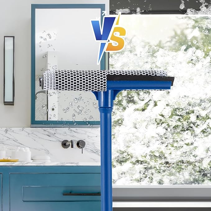 15.9" Window Squeegee for Car,2-in-1 Window Cleaner with Long Stainless Steel Handle, Soft Rubber Blade & Highly Absorbent Sponge – for Showers, Car Windshields, Gas Stations, and Glass