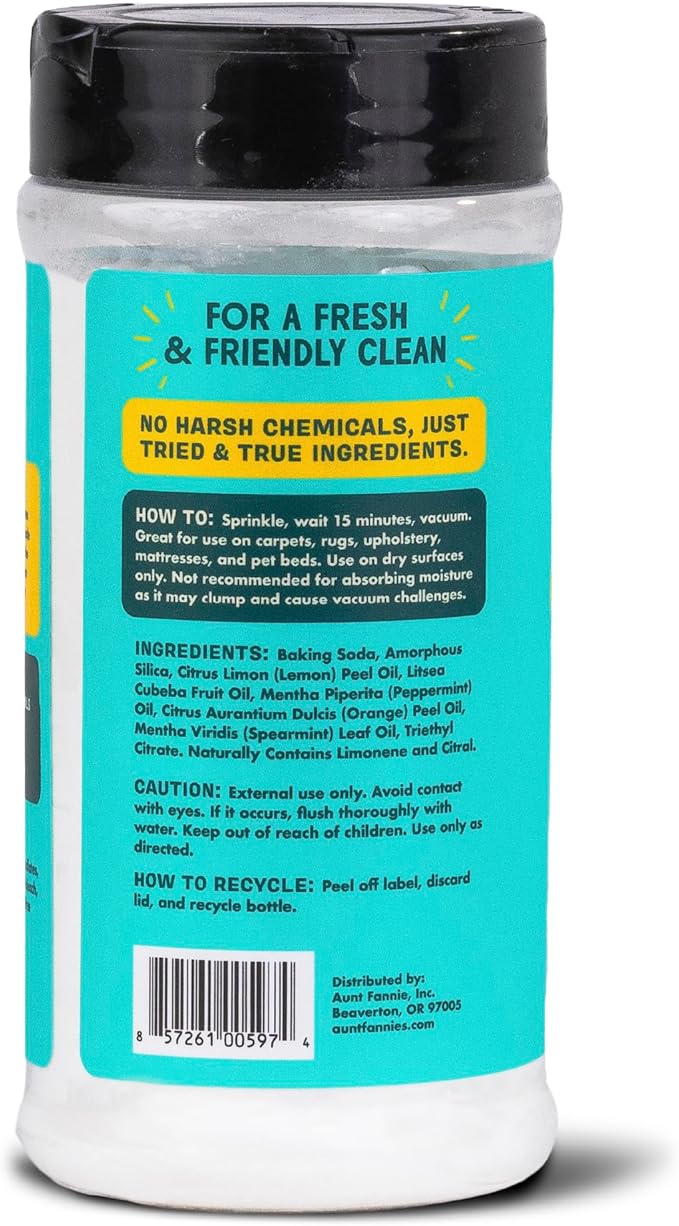 Aunt Fannie's Carpet Refresher & Deodorizer Powder, Multi-Purpose Rug, Carpet, and Upholstery Odor Eliminator for Homes with Cats and Dogs, Bright Lemon Scent, 16 Oz (Pack of 6)
