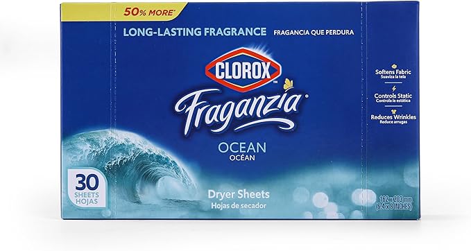 Clorox Fraganzia Fabric Softener Dryer Sheets, Wrinkle Reducing and Anti Static Laundry Dryer Sheets for Great Smelling Clothes, Softens Fabrics, Fresh Ocean Scent, 30 Count