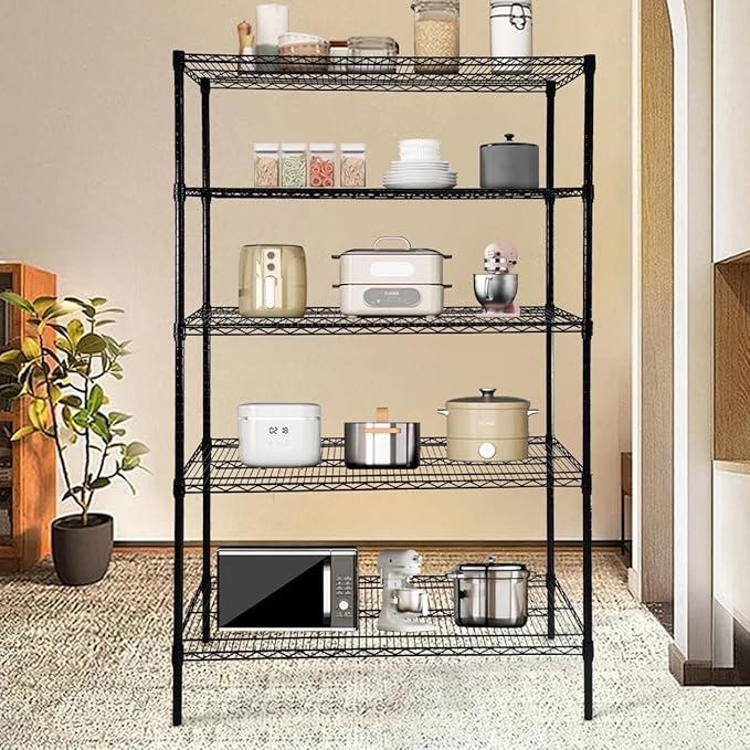 SUNLPH Heavy Duty 5-Tier Wire Shelving Adjustable Shelves Unit Metal Storage Rack Flat for Laundry Kitchen Pantry Garage Closet Organization (Black, 47.1" L x 17.6" W x 72.2" H)