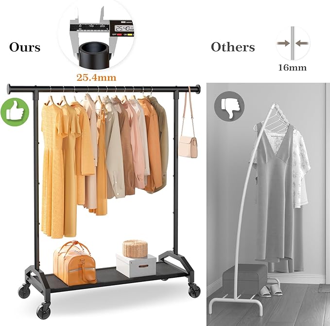 Wiracks Clothes Rack Clothing Racks for Hanging Clothes Heavy Duty Clothes Rack Hanger Rack 200lbs Capacity Industrial Wheels 1" Pipe,Rolling Garment Rack Portable Clothes Rack Black