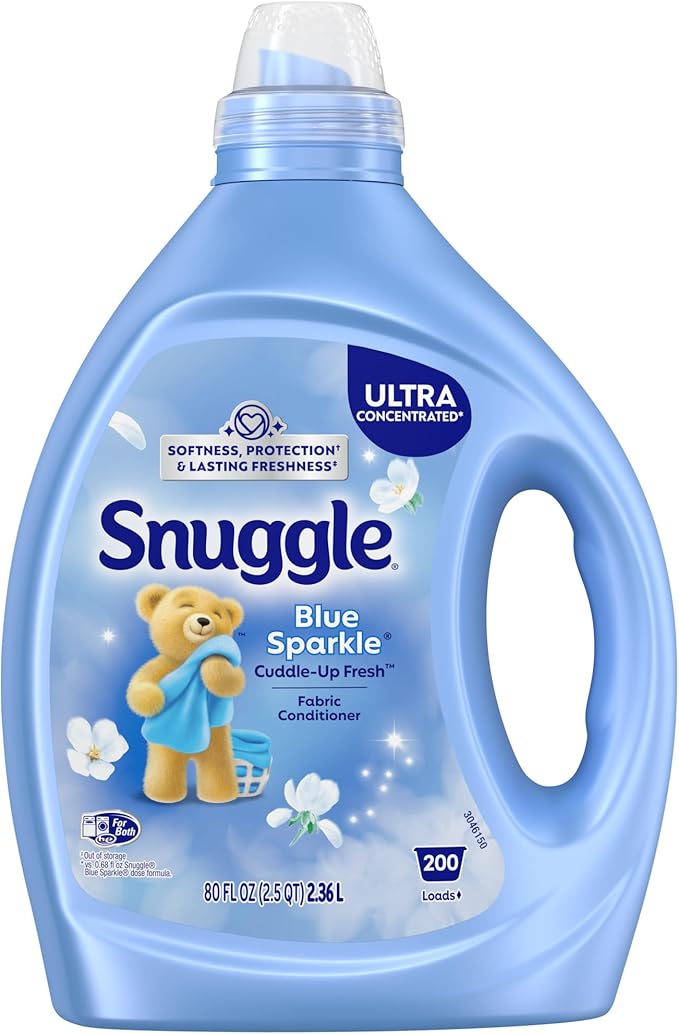 Snuggle Fabric Softener Liquid, Ultra Concentrated, 80 Oz, 200 Medium Loads, Blue Sparkle Fabric Conditioner, Long-Lasting Fresh Scent, Softens, Reduces Static & Fights Wrinkles, Helps Protect Color