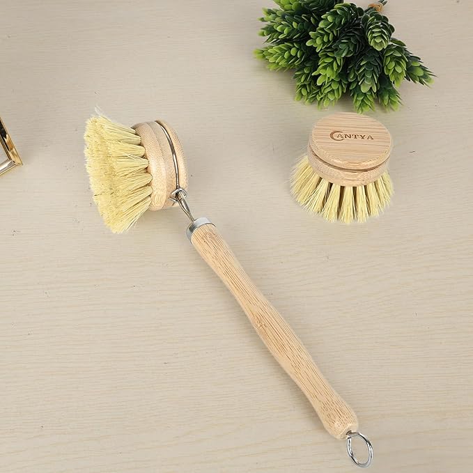 Bamboo Dish Brush with Handle - Soft Bristle, Eco-Friendly Vegetable Brush Scrubber for Food, Compostable & Sustainable, Bamboo Scrub Brush for Dishes, Pots and Pans