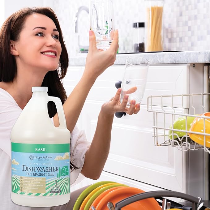 Ginger Lily Farms Botanicals Plant-Based Dishwasher Detergent Gel, 100% Vegan & Cruelty-Free, Basil Scent, 1 Gallon Refill (Pack of 4)