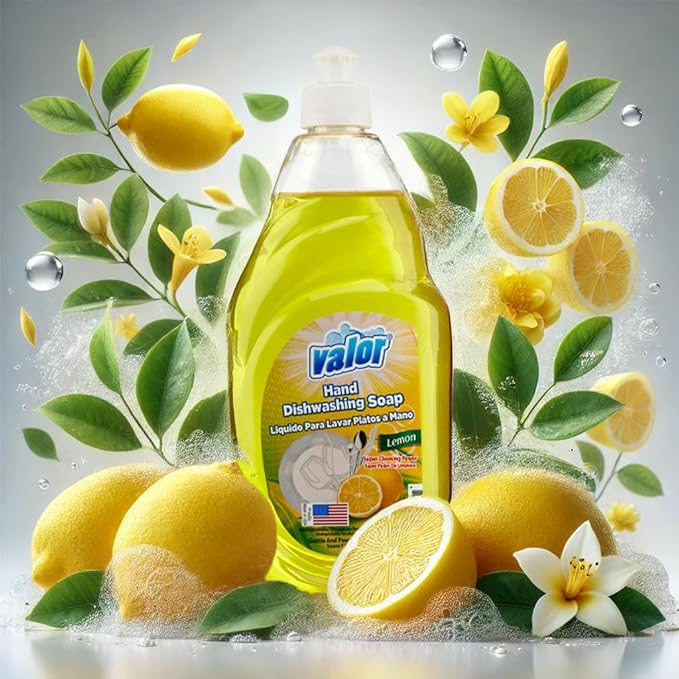 Valor Dishwashing Liquid, 25 fl oz – Dish Soap for Kitchen & Bathroom, Grease-Fighting, Gentle on Hands, Fast Rinse, Eco-Friendly Biodegradable Formula (25 fl oz (Pack of 12), Lemon)
