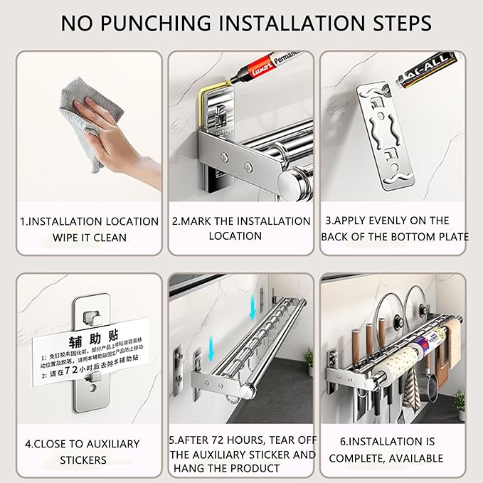 Hanging Wall Mount knife Wall Mount, Kitchen Organizer Storage Shelf for Utensils Spatula Spoon, Space-Saving Knife Rack with Hooks,Wall-Mounted Utensil Holder (Grey, 50CM+Single Pole+8Hooks)