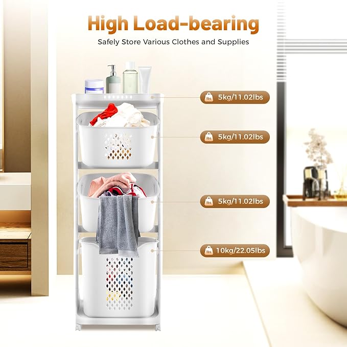 3 Tier Rolling Laundry Basket, Stacked Laundry Basket Organizer, Free Standing Portable Storage Baskets, Rolling Laundry Hamper Cart with 4 Wheels for Clothes, Toiletries, Snacks