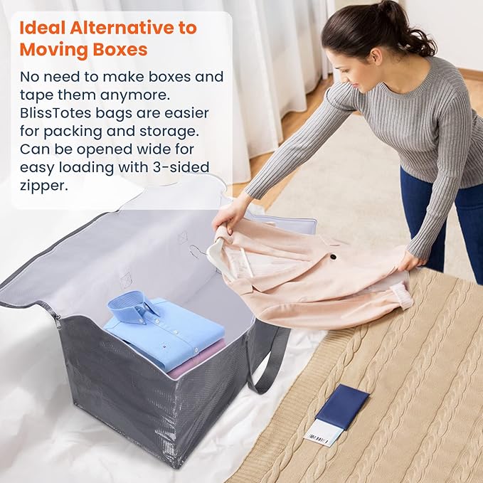 BlissTotes Large Moving Boxes and with Zippers & Handles Moving Supplies with lids, Heavy Duty Totes for Storage Bags for Space Saving, Fold Flat, Moving and Storing 76L, 8 Pack