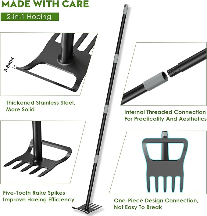 Garden Hoe - Stirrup Hoe and Rake 2 in 1, Heavy Duty Garden Hoe for Weeding with Adjustable Handle 17-60 Inch, Garden Hula Hoe with Rake, Ring Stirrup Hoe Weeder, Black
