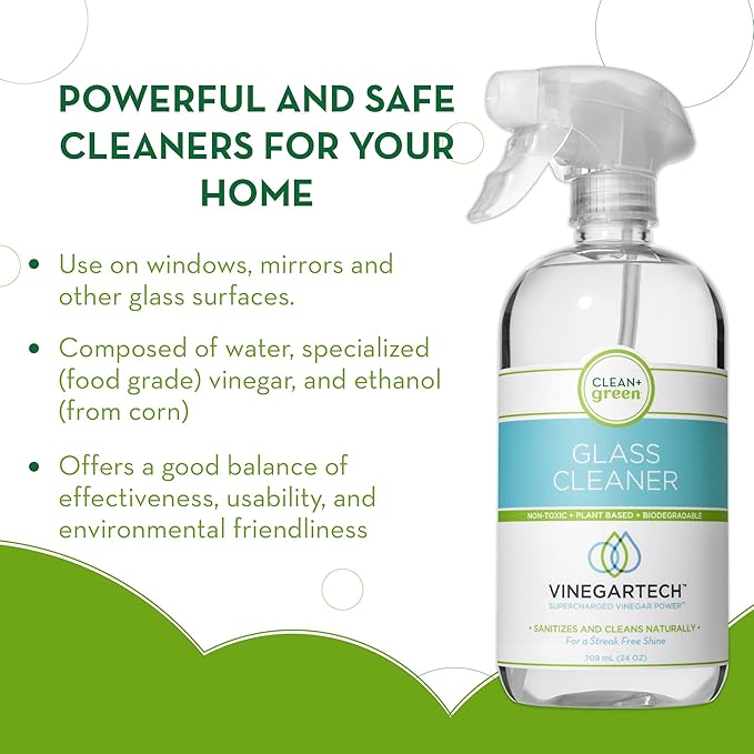 CLEAN+GREEN VinegarTech Glass Cleaner Spray - Cleaning Vinegar- Vinegar For Cleaning Purpose - Glass Cleaner, Window Cleaner, Bathroom Glass Cleaner- Spray Cleaner for House Supplies- 24 Fl Oz