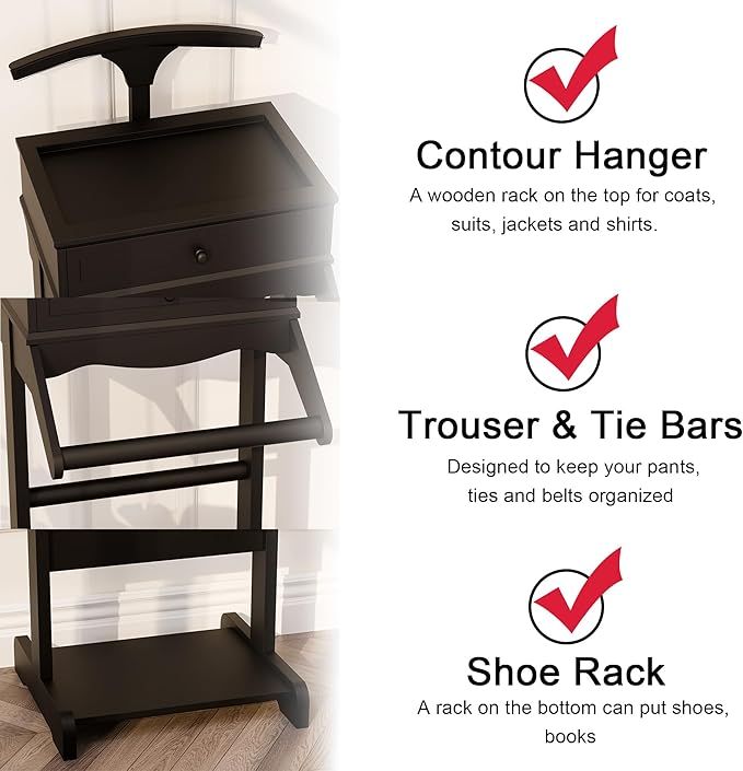 Brefhome Luxury Mens Valet Stand with Storage Drawer & Jewelry Tray, Executive Wooden Clothes Rack for Men Women, Garment Organizer for Suit, Tie, Pant, Watch & Phone, Black (Tray + Drawer)