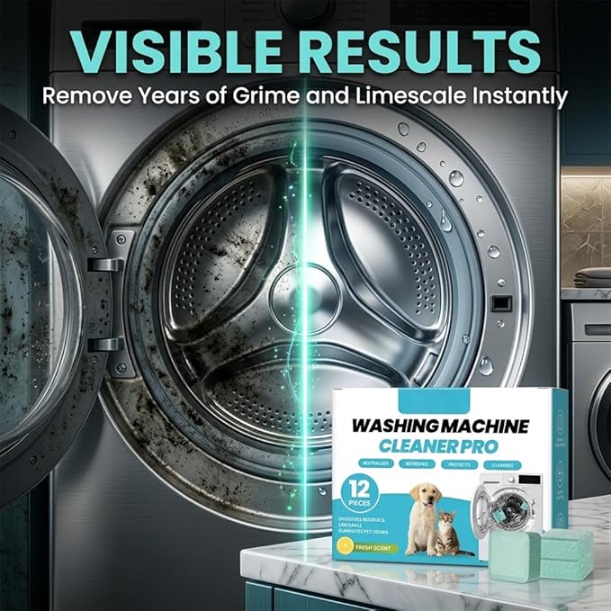 RAINPOT Washing Machine Cleaner for Washing Machines, Universal Compatible with Front Loader & Top Loader, Effective Odor Eliminator, Septic-Safe, 12 Tablets (48 PCS)