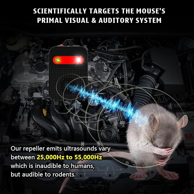 Ultrasonic Rodent Repellent Under Hood Battery Operated Pest Repeller Humane Mouse Repellent for Car Engines Basement Garage Attic Rat Mice Deterrent 1 Pack