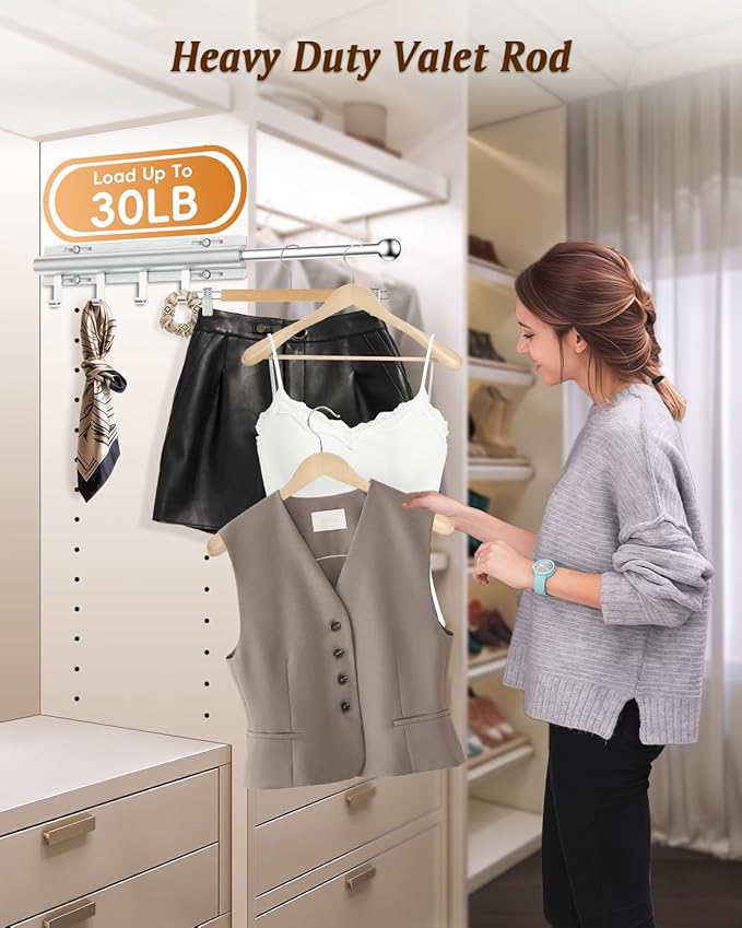 Supforce Valet Rod for Closets, 12" Valet Rod With 4 Hooks, Closet Organizer Slide Out Clothing Hanger Rods Extender Perfect for Suits,Dresses,Belt,Tie, Black