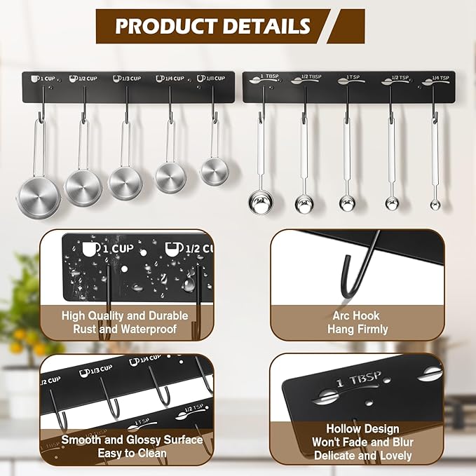 2 Pack Measuring Cups and Spoons Hanging Rack, Measuring Organizer Suitable for Kitchen, Black Cups and Spoons Rack, Including Screw and Adhesive Mounting