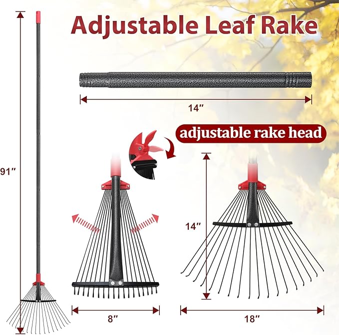 91 Inch Rake for Leaves , Adjustable 18 Tines with Expandable Head 9-18in Grass Rake Heavy Duty Metal Rakes for Women Children Yard Gardener Gardening Grass Debris Lawns
