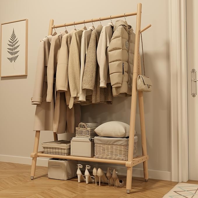 Muwuele Solid Wood Clothing Rack, Rolling Clothes Rack for Hanging Clothes, Garment Rack with Shelves Load 350 Lbs, Portable Closet Organizer on Wheels for Hanging Clothes (Natural)