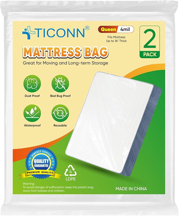 TICONN 2PK Plastic Mattress Bag for Moving Storage, Waterproof Mattress Protector Cover, Heavy-Duty Mattress Moving Supplies (4 mil, Queen)