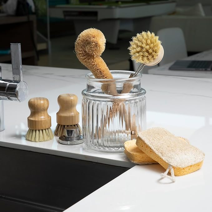ECOHOUSE SUPPLY™ Bamboo Dish Brush Set – 6-Piece Natural Fiber Kitchen Brush Set with Loofah Sponges (No Bleach), Sisal & Palm Scrubbers – Non-Toxic, Eco-Friendly, Plastic-Free Dish Cleaning Brushes.