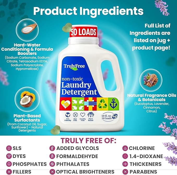 Truly Free Natural Laundry Detergent for Sensitive Skin | Eco Friendly, Plant Based, Baby Clothes Safe | Clean & Easy Powder to Liquid, 4 Pack Refill Detergent, NO Jug | Signature Scent, 200 Loads
