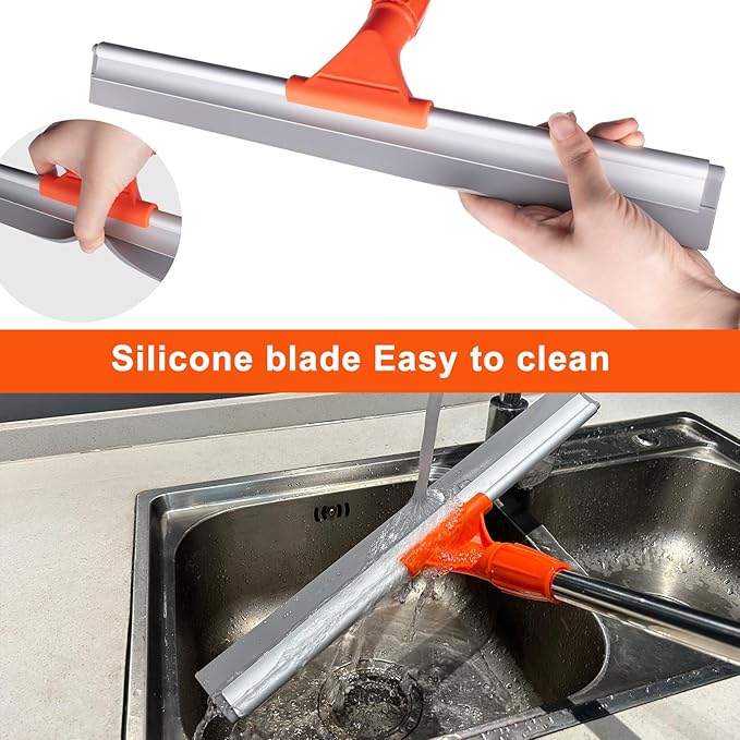 BITOPE Floor Squeegee for Cleaning, 17.3" Heavy-Duty Squeegee for Floor, Silicone Scrubber Broom with 5 Ft Stainsless Steel Long Handle for Bathroom, Glass Windows, Tile, Garage, Deck