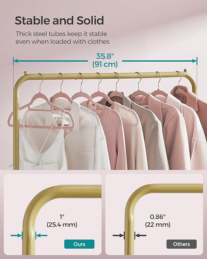SONGMICS Clothes Rack with Wheels, Clothing Rack for Hanging Clothes, 25.4 mm Metal Garment Rack with Dense Mesh Storage Shelf, 110 lb Load Capacity, 2 Brakes, Gold UHSR025A01
