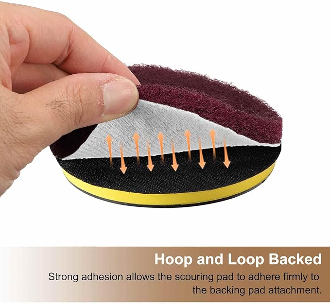 HARFINGTON 6pcs Scrubber Scouring Pads 400 Grits 4 Inch Drill Power Brush Hoop and Loop Surface Conditioning Disc Drill Scuffing Disc Scrub Pads for Home Kitchen Cleaning, Red