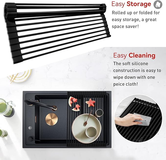 MERRYBOX 20.5" x 13" Roll Up Dish Drying Rack Silicone Wrapped Over The Sink Dish Drying Rack Multipurpose Foldable Sink Drying Mat, Heat-Resistant & Anti-Rust Dish Rack for Kitchen Sink, Large, Black
