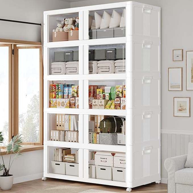 1000Qt Stackable Storage Bins with Lid and Wheel, 250Gal Plastic Closet Organizer and Storage Drawer, Large Collapsible Storage Box Cabinet with Clear Door for Home Kitchen Office, 5Pack White