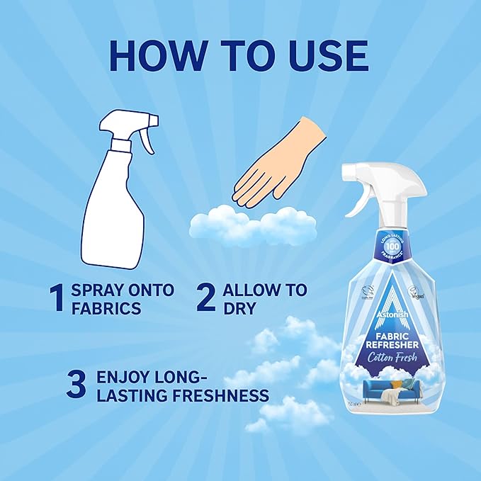 Astonish Fabric Refresher Cotton Fresh, 750ml Trigger Spray Bottle – Long-Lasting Odor Neutralizer for Curtains, Carpets & Upholstery – Encapsulated Fragrance Technology for Up to 100 Days Freshness